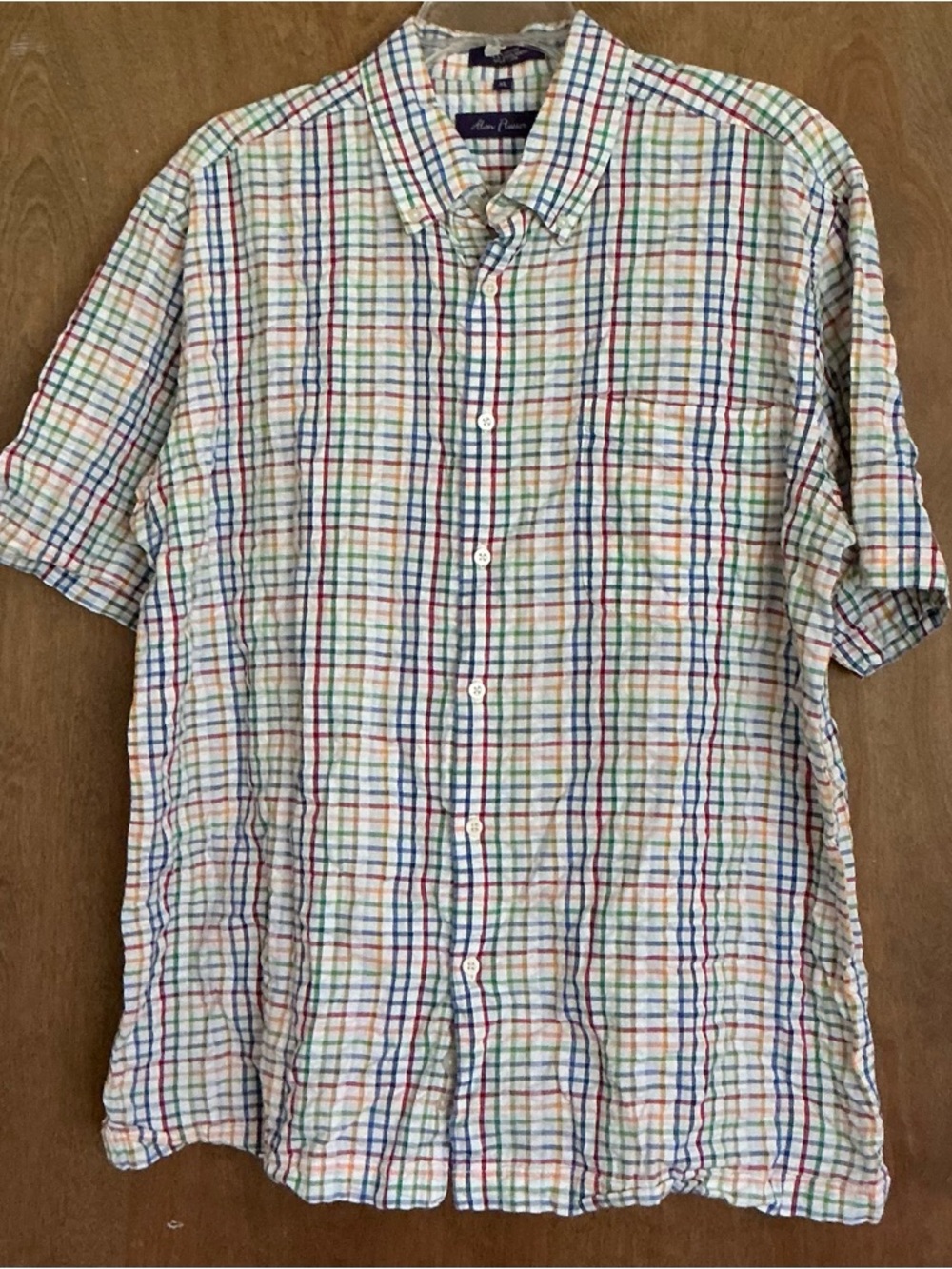 Alan Flusser Shirt Mens XL Colorful Plaid Short Sleeved Button Up Seersucker